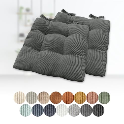 Lsjoaw 2er Set Sitzkissen 30x30x6cm Polster Auflage Gemütliche Stuhlkissen mit Bindebänder Sitzpolster Stuhlauflage Sitzpolster für Gartenstuhl Küche oder Esszimmer Quadrat Cordstoff Dunkelgrau von Lsjoaw