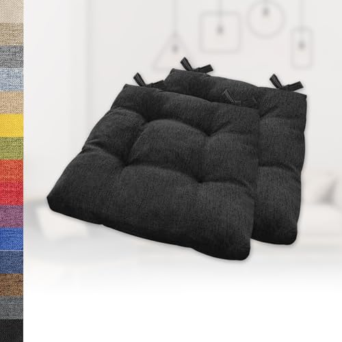 Lsjoaw 2er Set Sitzkissen 30x30x8cm Gemütliche Stuhlkissen mit Bindebänder Polster Auflage Sitzpolster Stuhlauflage Sitzpolster für Gartenstuhl Küche oder Esszimmer Quadrat Leinenimitat Schwarz von Lsjoaw
