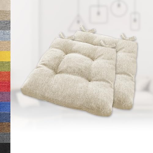 Lsjoaw 2er Set Sitzkissen 35x35x6cm Gemütliche Stuhlkissen mit Bindebänder Polster Auflage Sitzpolster Stuhlauflage Sitzpolster für Gartenstuhl Küche oder Esszimmer Quadrat Leinenimitat Cremefarben von Lsjoaw