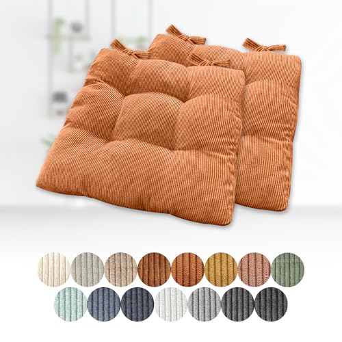 Lsjoaw 2er Set Sitzkissen 35x35x6cm Polster Auflage Gemütliche Stuhlkissen mit Bindebänder Sitzpolster Stuhlauflage Sitzpolster für Gartenstuhl Küche oder Esszimmer Quadrat Cordstoff Orange von Lsjoaw
