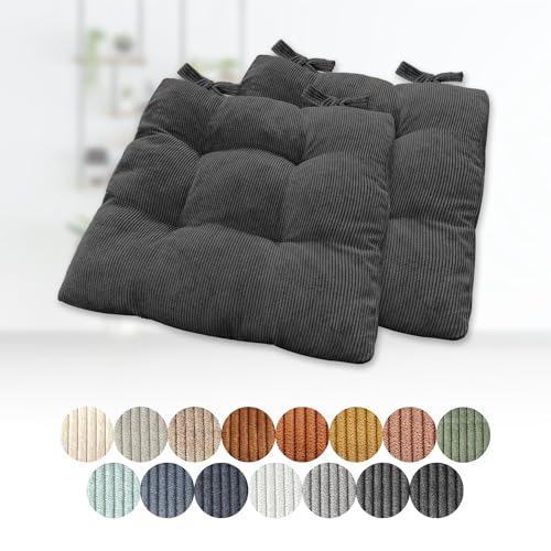 Lsjoaw 2er Set Sitzkissen 35x35x6cm Polster Auflage Gemütliche Stuhlkissen mit Bindebänder Sitzpolster Stuhlauflage Sitzpolster für Gartenstuhl Küche oder Esszimmer Quadrat Cordstoff Schwarz von Lsjoaw