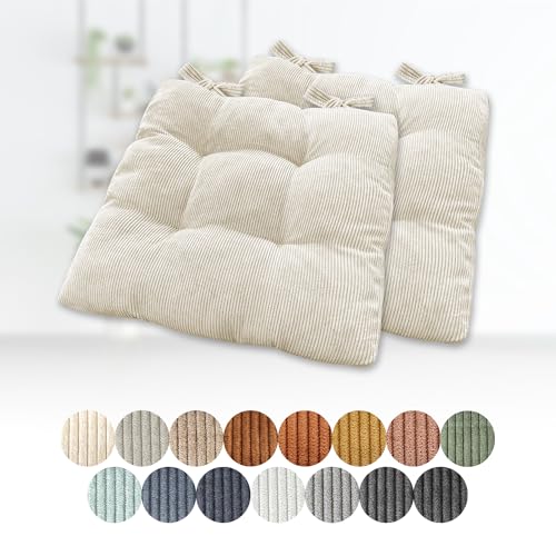 Lsjoaw 2er Set Sitzkissen 35x35x8cm Polster Auflage Gemütliche Stuhlkissen mit Bindebänder Sitzpolster Stuhlauflage Sitzpolster für Gartenstuhl Küche oder Esszimmer Quadrat Cordstoff Weiß von Lsjoaw