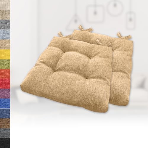 Lsjoaw 2er Set Sitzkissen 40x40x6cm Gemütliche Stuhlkissen mit Bindebänder Polster Auflage Sitzpolster Stuhlauflage Sitzpolster für Gartenstuhl Küche oder Esszimmer Quadrat Leinenimitat Gelblich-Braun von Lsjoaw