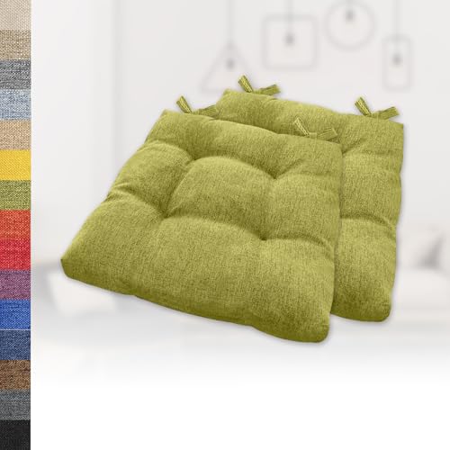 Lsjoaw 2er Set Sitzkissen 40x40x6cm Gemütliche Stuhlkissen mit Bindebänder Polster Auflage Sitzpolster Stuhlauflage Sitzpolster für Gartenstuhl Küche oder Esszimmer Quadrat Leinenimitat GrüN von Lsjoaw