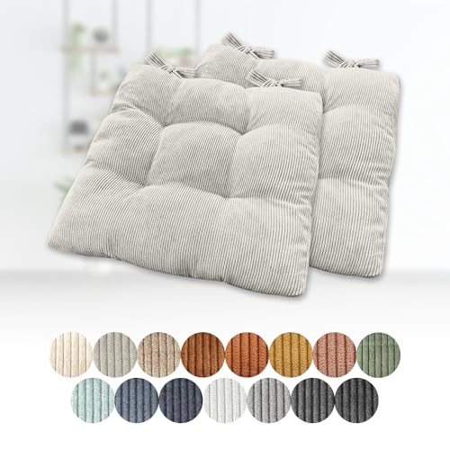 Lsjoaw 2er Set Sitzkissen 40x40x6cm Polster Auflage Gemütliche Stuhlkissen mit Bindebänder Sitzpolster Stuhlauflage Sitzpolster für Gartenstuhl Küche oder Esszimmer Quadrat Cordstoff Cremefarben von Lsjoaw