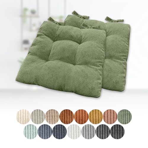 Lsjoaw 2er Set Sitzkissen 40x40x8cm Polster Auflage Gemütliche Stuhlkissen mit Bindebänder Sitzpolster Stuhlauflage Sitzpolster für Gartenstuhl Küche oder Esszimmer Quadrat Cordstoff GrüN von Lsjoaw
