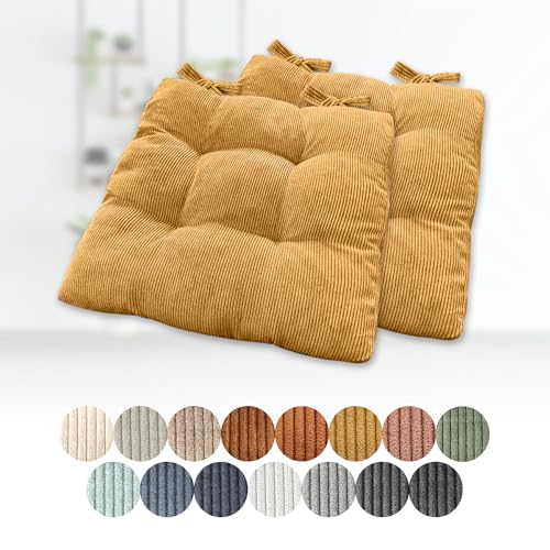 Lsjoaw 2er Set Sitzkissen 45x45x6cm Polster Auflage Gemütliche Stuhlkissen mit Bindebänder Sitzpolster Stuhlauflage Sitzpolster für Gartenstuhl Küche oder Esszimmer Quadrat Cordstoff Braun-Gelb von Lsjoaw