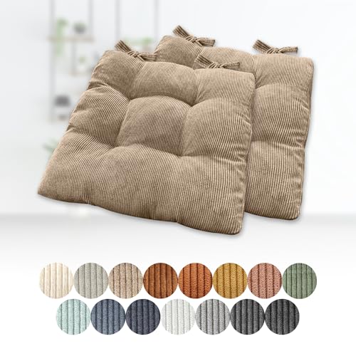 Lsjoaw 2er Set Sitzkissen 45x45x8cm Polster Auflage Gemütliche Stuhlkissen mit Bindebänder Sitzpolster Stuhlauflage Sitzpolster für Gartenstuhl Küche oder Esszimmer Quadrat Cordstoff Hellbraun von Lsjoaw