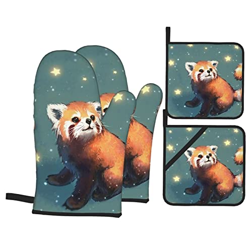 4-teiliges Red Panda-Ofenhandschuh-Topflappen-Set, rutschfeste Koch- und Küchenhandschuhe, waschbar, hitzebeständige Ofenhandschuhe für Mikrowelle, Grillen, Backen, Grillen von Lsjuee