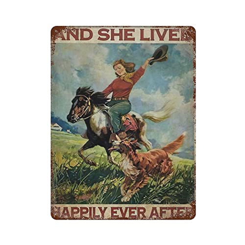 Blechschild aus Metall, Retro-Stil, Neuheit, Poster, Eisenmalerei, ein Mädchen mit Pferd und Hunden, Happily Ever After, Blechschild – Hundeliebhaber, schönes Mädchen, Blechschild, Wanddekoration, Grö von Lsjuee