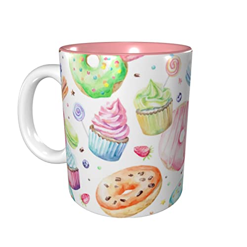 Cupcakes, Donuts, Muffins, Zucker, Kaffeetassen, 325 ml, Keramikbecher für Büro und Zuhause, Wasser-Teebecher, Tasse innen rosa von Lsjuee