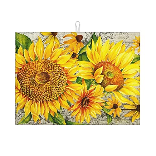 Große Abtropfmatte im Vintage-Sonnenblumen-Design für Küchenthekenmatten, saugfähiges Abtropfgestell, super saugfähige Mikrofaser-Abtropfunterlage, 45,7 x 61 cm von Lsjuee