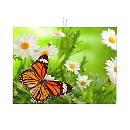 Küchen-Trockenmatte, Schmetterling auf Gänseblümchen-Blume, bedruckt, Geschirr-Trockenunterlage für Küchenarbeitsplatte (45,7 x 61 cm) von Lsjuee