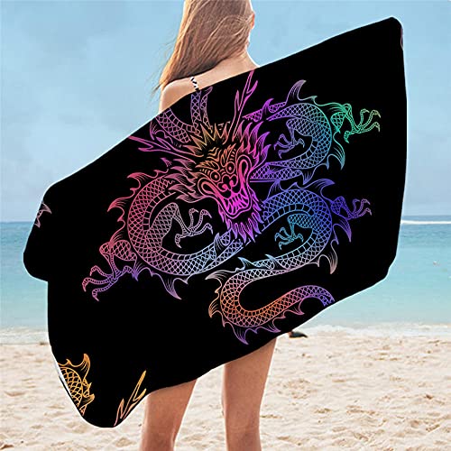 Lsjuee Großes Reisehandtuch, Drachen-Badetuch, bunt Bedruckt, kompatibel mit Jungen, Duschtuch, Schwarze Serviette, weiches Mikrofaser-Strandtuch von Lsjuee