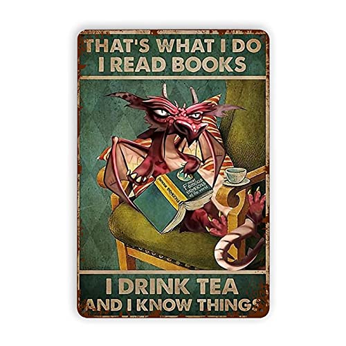 Metallblechschilder „Dragon Reading Books and Drinking Tea“, Reproduktion, Vintage-Wanddekoration, Retro-Art-Blechschild, lustige Dekorationen für Zuhause, Bar, Pub, Café, Bauernhof, Metallposter, 30, von Lsjuee