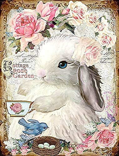 Retro-Blechschild Cottage Rose Garden Bunny Poster Vintage-Malerei Blechschild für Straße, Garage, Familie, Café, Bar, Bauernhof, Land, Badezimmer, Wanddekoration, süßes Schild, tolles Metallblechschi von Lsjuee