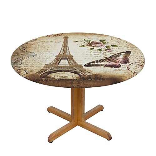 Runde Tischdecke mit elastischem Rand, Vintage Paris Eiffelturm Schmetterling Tischdecke Runde Tischdecke Waschbar Wiederverwendbar für Küche Esszimmer Picknick Party Fit Tisch 45-50 Zoll von Lsjuee