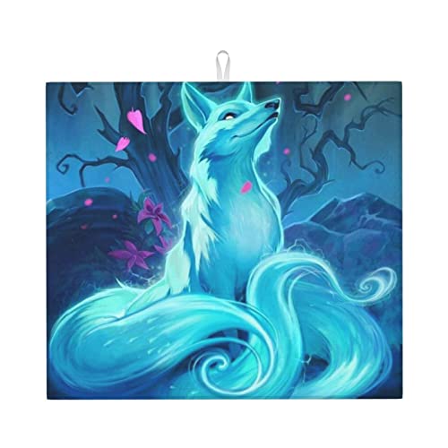 Trockenmatte für die Küche, Blue Fox bedrucktes Geschirr-Trockenpad für die Küchenarbeitsplatte (16"X18") von Lsjuee