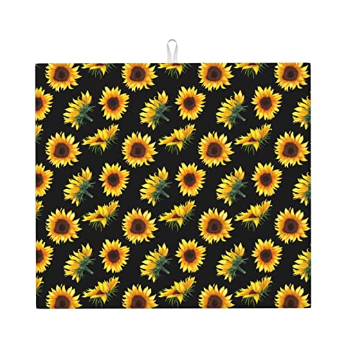 Trockenmatte für die Küche, Sonnenblume, Blumen, Pflanzen, schwarz und gelb bedruckt, Geschirr-Trockenunterlage für Küchenarbeitsplatte (40,6 x 45,7 cm) von Lsjuee