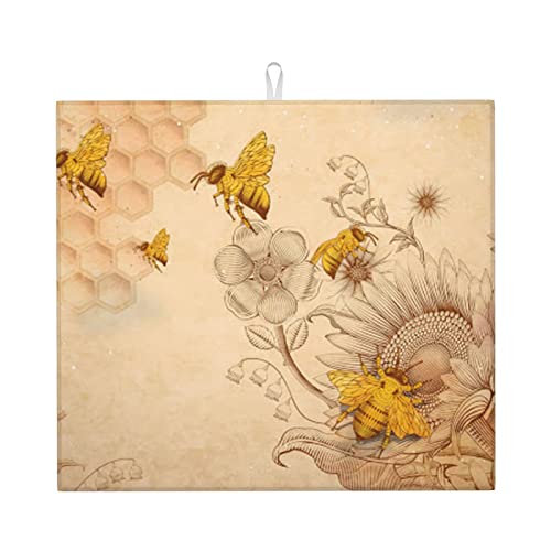 Trockenmatte für die Küche, ländliche Honigbienen-Blumen bedruckte Geschirr-Trockenunterlage für die Küchenarbeitsplatte (16"X18") von Lsjuee