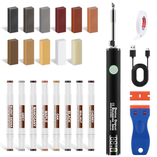 Laminat Reparaturset, Holz Vinyl Parkett Reparaturset Upgrade-Schmelzwerkzeug11 Farben Hartwachs 8 Doppelspitzen-Marker für Möbel Arbeitsplatten Repariert Kratzer,Löcher,Risse,Dellen in Möbeln,Böden von Lskysaga
