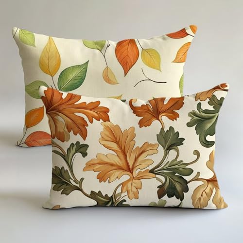 Outdoor Kissen Creme Kissenbezug 25x50cm Blatt Kissenbezüge Wetterfest Leinen Dekokissen 2er Set, Doppelseitig Gedruckt mit Reißverschluss für Terrasse Sofakissen Zierkissen Herbstdekoration L-L1981 von Lslomrqz