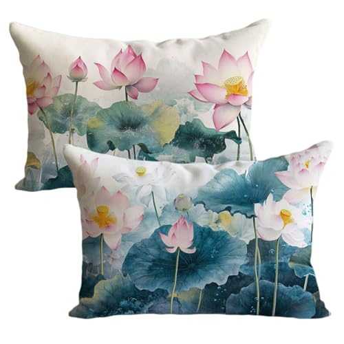 Outdoor Kissen Creme Kissenbezug 40x90cm Lotus Kissenbezüge Wetterfest Samt Dekokissen 2er Set, Doppelseitig Gedruckt mit Reißverschluss für Terrasse Sofakissen Zierkissen Herbstdekoration L-L1999 von Lslomrqz