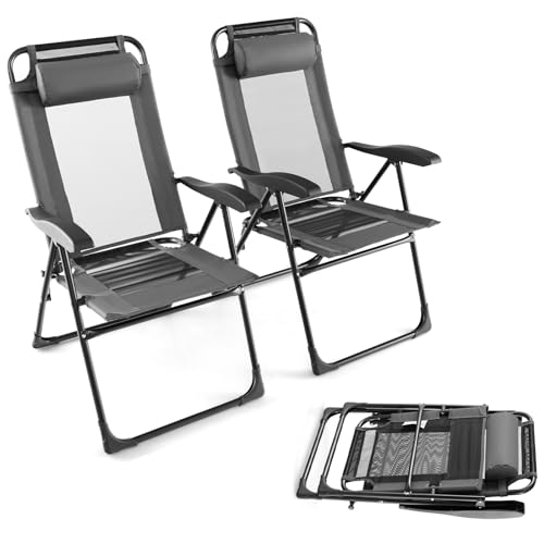 Lsoiup 2er-Set 7-stufig verstellbare Terrassenstühle mit hoher Rückenlehne, mit Kopfstütze und gebogenen Armlehnen, tragbare Camping-Decksitze von Lsoiup