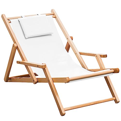 Lsoiup Loungesessel für den Außenbereich, 2er-Set, Terrassenliegen mit 4-Fach Verstellbarer Rückenlehne, Armlehne und Baumwoll-Leinen-Stoff, Liegestuhl aus Holz für Strand, Pool, Balkon von Lsoiup