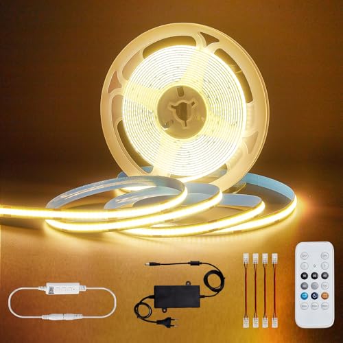 COB warmweißer LED-Streifen 5 m, 320 Lampen 24 V Niederspannung mit Netzteil und Controller Keine Dunkelzonen Flexibel für Garderobenbeleuchtung, Wohnräume, Küchen (Warmweiss 3000k - 5m) von Lsunny