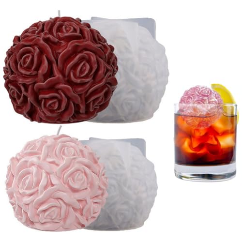 2 Stück Kerzenform Rosenkugel,3D Blumen Kerzengießformen,DIY Silikonform Kerzen Gießen,Rosen Silikonform Kerzenhalter Rund,für Duftkerze Valentinstag Dekorative Ornamente von Lsydgn