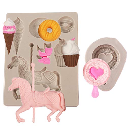 Fondant Silikonformen Formen Einhorn,3D Karussell Silikonform für Kuchendekoration,3D Silikon Backform,Eiscreme,Krapfen,Süßigkeiten für Fondant, Kuchen, Schokolade, Backen,2 Stück (Grau) von Lsydgn