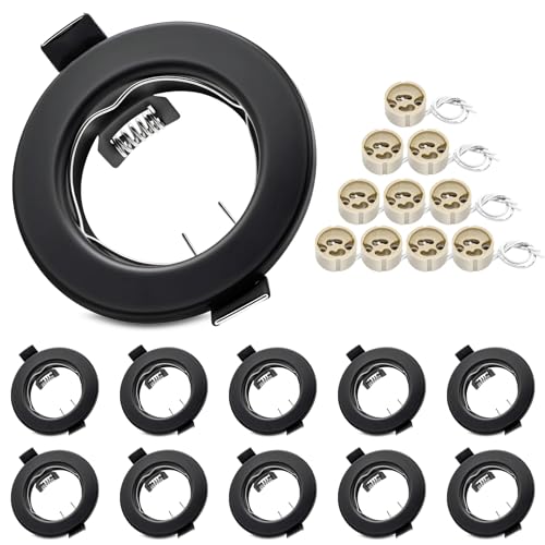 LteelDay 10er-Set GU10 Einbaustrahler mit Matt Schwarz Rundrahmen (Lochdurchmesser 55-70mm) – Inkl. GU10-Fassung für LED/Halogen, ohne Lichtquelle – Ideal für moderne Einbauleuchten & Spot-Optik von LteelDay