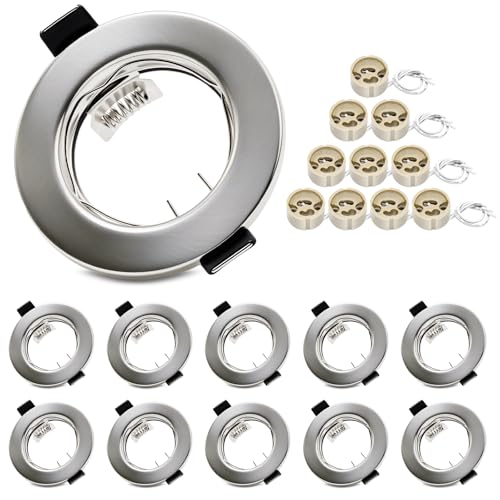 LteelDay 10er-Set GU10 Einbaustrahler mit Nickel Gebürstet Rundrahmen (Lochdurchmesser 55-70mm) – Inkl. GU10-Fassung für LED/Halogen, ohne Lichtquelle – Ideal für moderne Einbauleuchten & Spot-Optik von LteelDay