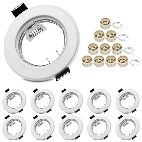 LteelDay 10er-Set GU10 Einbaustrahler mit mattweißem Rundrahmen (Lochdurchmesser 55-70mm) – Inkl. GU10-Fassung für LED/Halogen, ohne Lichtquelle – Ideal für moderne Einbauleuchten & Spot-Optik von LteelDay