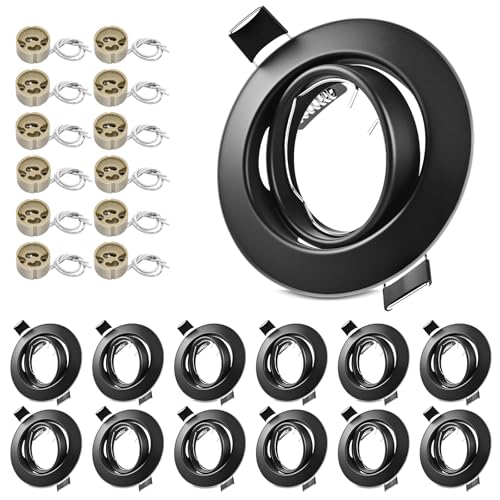 LteelDay 12x LED Einbaustrahler Rahmen mit GU10 Fassung, Rund Matt Schwarz Metall Einbaurahmen, 68mm Lochmass, 30° Schwenkbar, inkl. GU10-Fassung für LED oder Halogen Leuchtmittel von LteelDay