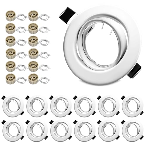 LteelDay 12x LED Einbaustrahler Rahmen mit GU10 Fassung, Rund Matt Weiß Metall Einbaurahmen, 68mm Lochmass, 30° Schwenkbar, inkl. GU10-Fassung für LED oder Halogen Leuchtmittel von LteelDay