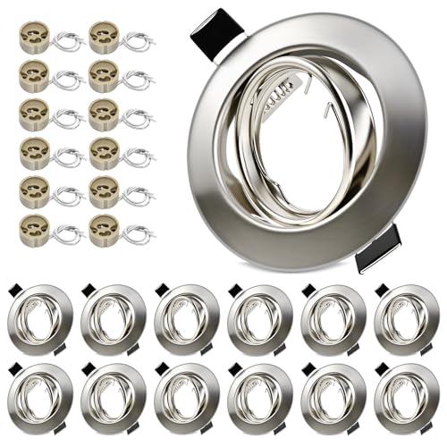 LteelDay 12x LED Einbaustrahler Rahmen mit GU10 Fassung, Rund Nickel Gebürstet Metall Einbaurahmen, 68mm Lochmass, 30° Schwenkbar, inkl. GU10-Fassung für LED oder Halogen Leuchtmittel von LteelDay
