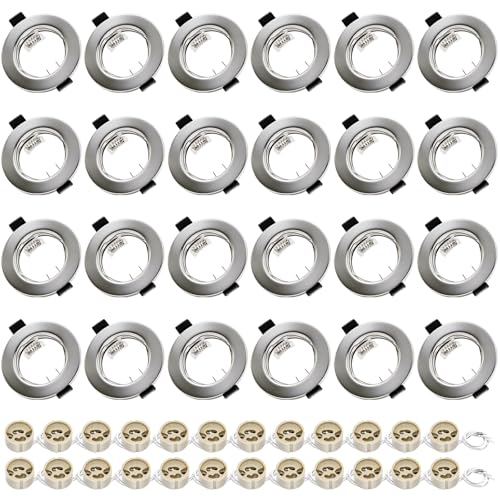 LteelDay 24er-Set GU10 Einbaustrahler mit Nickel Gebürstet Rundrahmen (Lochdurchmesser 55-70mm) – Inkl. GU10-Fassung für LED/Halogen, ohne Lichtquelle – Ideal für moderne Einbauleuchten & Spot-Optik von LteelDay