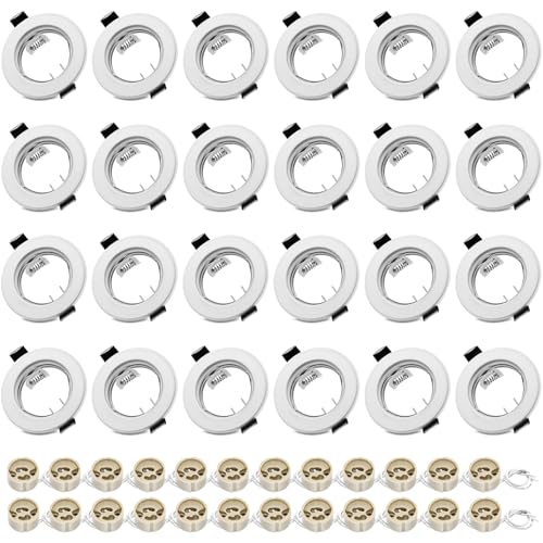 LteelDay 24er-Set GU10 Einbaustrahler mit mattweißem Rundrahmen (Lochdurchmesser 55-70mm) – Inkl. GU10-Fassung für LED/Halogen, ohne Lichtquelle – Ideal für moderne Einbauleuchten & Spot-Optik von LteelDay