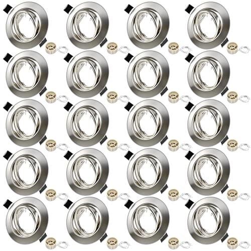 LteelDay LED Einbaustrahler Rahmen Set, Deckenspots Einbaurahmen mit GU10 Fassung, 68mm-80mm Lochmass, Rund Nickel Gebürstet Metall 30° Schwenkbar für LED oder Halogen Leuchtmittel, 20er-set von LteelDay