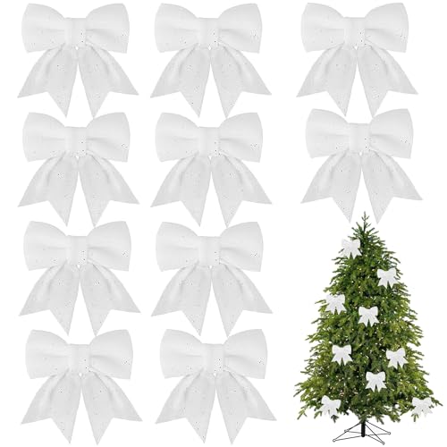 Ltsbaed 10 Stück 12x15cm Weihnachtsbaum-Schleife, Glitzer Weihnachten Schleifen, Glitzer Weihnachtsbaumschmuck Deko, Geschenkschleifen Weihnachten, Weihnachts Deko für Tannenbaum (Weiß) von Ltsbaed