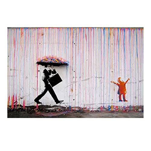 Ltt-Ydd-Ccl Banksy-Spielendes Kind im bunten Regen-Leinwandbild Wandbilder Bilder Wohnzimmer Deko Schlafzimmer Leinwand Gemälde Wandbild Kunstdruck(Ungerahmt-20x30cm-8x12inch) von Ltt-Ydd-Ccl