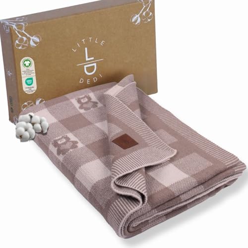Little Dedi Baby Strickdecke, GOTS-Zertifiziert Bio-Baumwolle mit Merino Wolle mit Teddybären, weich & leicht, ideal zum Pucken und Kuscheln im Geschenkbox von Little Dedi