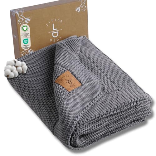 Little Dedi Strickdecke aus 100% Bio-Baumwolle GOTS Zertifizert, 80x100 cm. Dunkelgrau- Atmungsaktiv, Temperatur regulierend, in eleganter Geschenkbox für Babys von Little Dedi