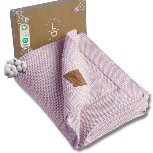 Little Dedi Strickdecke aus 100% Bio-Baumwolle GOTS Zertifizert, 80x100 cm. Lavendel- Atmungsaktiv, Temperatur regulierend, in eleganter Geschenkbox für Babys von Little Dedi