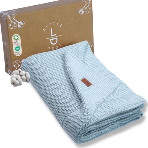 Little Dedi Temperatur regulierende, Atmungsaktive, Strickdecke aus 100% Bio-Baumwolle GOTS Zertifizert - 80x100 cm. Baby Blue, Ideal als Kuscheldecke in eleganter Geschenkbox von Little Dedi