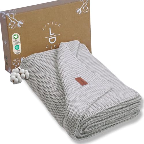 Little Dedi Temperatur-regulierende Strickdecke aus Bio-Baumwolle, GOTS-Zertifiziert, 80x100 cm. Nebelgrau– Ideal als Kuscheldecke und in eleganter Geschenkbox für Babys, Atmungsaktiv von Little Dedi