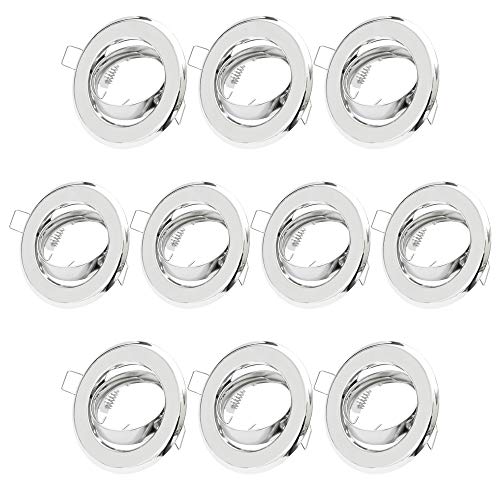 10x Einbaustrahler GU10 Set – 10 Stück Einbaurahmen in Chrom Optik Inkl. GU10 Fassung für LED oder Halogen Leuchtmittel, 30° Schwenkbar, Rund von Lu-mi