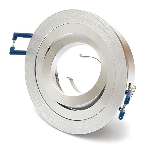 1x ALU Einbaustrahler GU10 Set – 1 Stück Aluminium Einbaurahmen Rund in Silber gebürstet Optik Inkl. GU10 Fassung für LED oder Halogen Leuchtmittel, 30° Schwenkbar, Rund, 230V von Lu-mi